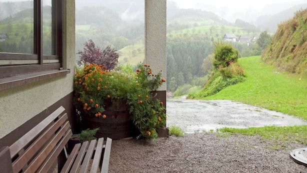 Une véranda avec un banc, un jardinière et une vue sur une vallée verdoyante, avec des collines et une maison au loin.