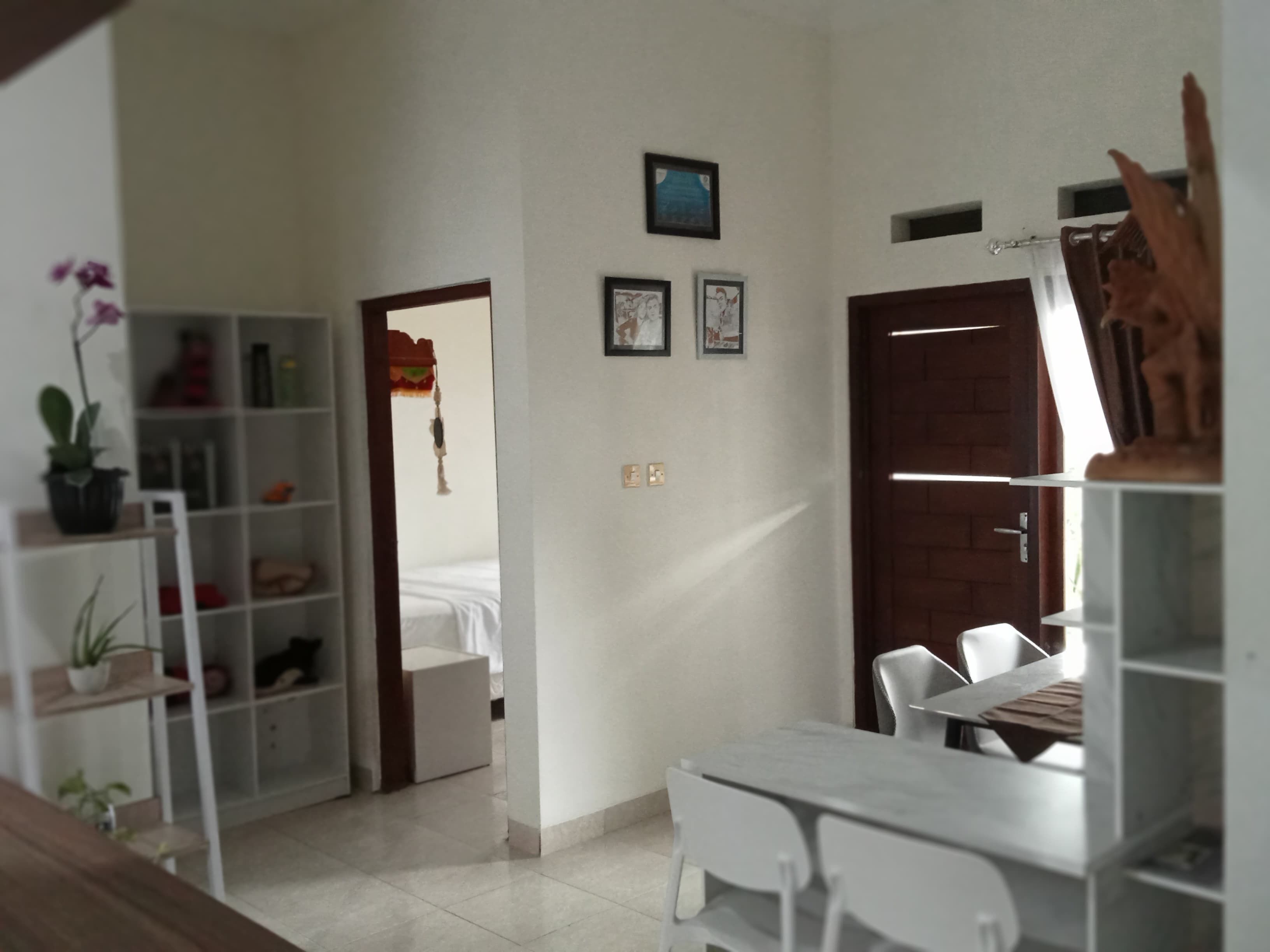 A compact living space with a bed, a dining table, and a small kitchen area. There are shelves with various items and a door leading to another room.