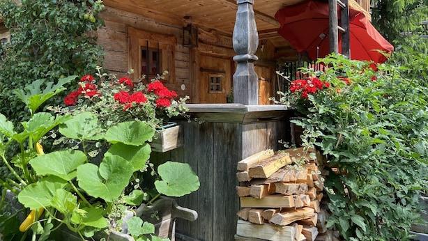 Ein rustikales Holzhaus mit einer Holztreppe, einer hölzernen Bank und einem Holzstapel.