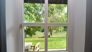 Una ventana con vista a un jardín con césped y un banco de madera.