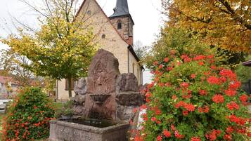 Eine Steinfontäne mit einer geschnitzten Figur, umgeben von roten Blumen und einer Kirche im Hintergrund.