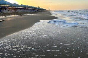 A beach with a row of umbrellas and lounge chairs, a clear sky, and waves approaching the shore. - The "Cenerone" - Comfort and Relax, discover sea and country, feel our culture (Borgo Santa Maria Immacolata)
