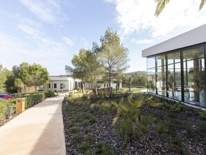 A modern building with a glass facade, a paved walkway, and a landscaped garden with various plants and trees.