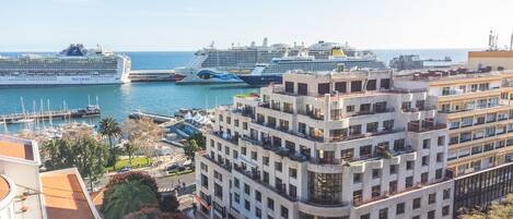 Un paysage urbain côtier avec des bâtiments modernes, une marina où sont amarrés des navires de croisière et une vue dégagée sur la mer.