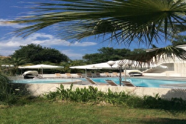 A pool area with lounge chairs and umbrellas, surrounded by greenery and palm trees.