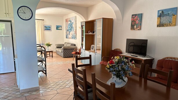 A dining area with a wooden table, chairs, and a vase of flowers. There is a television on a stand and a sofa in the background. - Villa Pinna (San Teodoro)