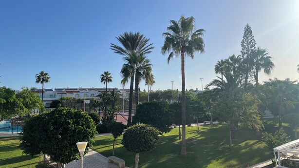 A courtyard with palm trees, a fountain, and a pool. - Charming 3-bedroom townhome with AC, WiFi in lovely Retamar (Retamar)