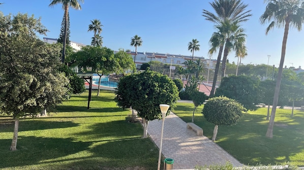 Un jardín bien cuidado con un sendero pavimentado, palmeras y una zona de piscina.