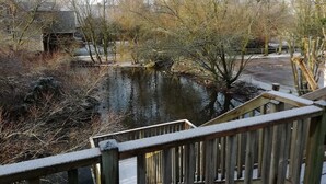 A wooden bridge over a pond with trees and a building in the background. - Quend-Plage Apartment with Pool (Quend-Plage)