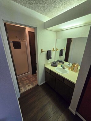 Een badkamer met een douche, wastafel en spiegel.
