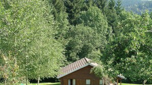 A wooden cabin with a sloped roof, surrounded by lush greenery and trees. - Ventron Chalet with Hill Views (Ventron)