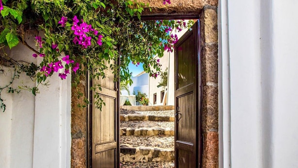 Eine schmale Steintreppe führt zu einem weißen Gebäude mit einer blauen Kuppel, umgeben von Grünpflanzen und violetten Blumen.