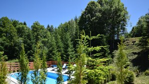 A pool area surrounded by trees, with a wooden fence and lounge chairs. - Holiday Home in Brod Moravice with Pool (Brod Moravice)