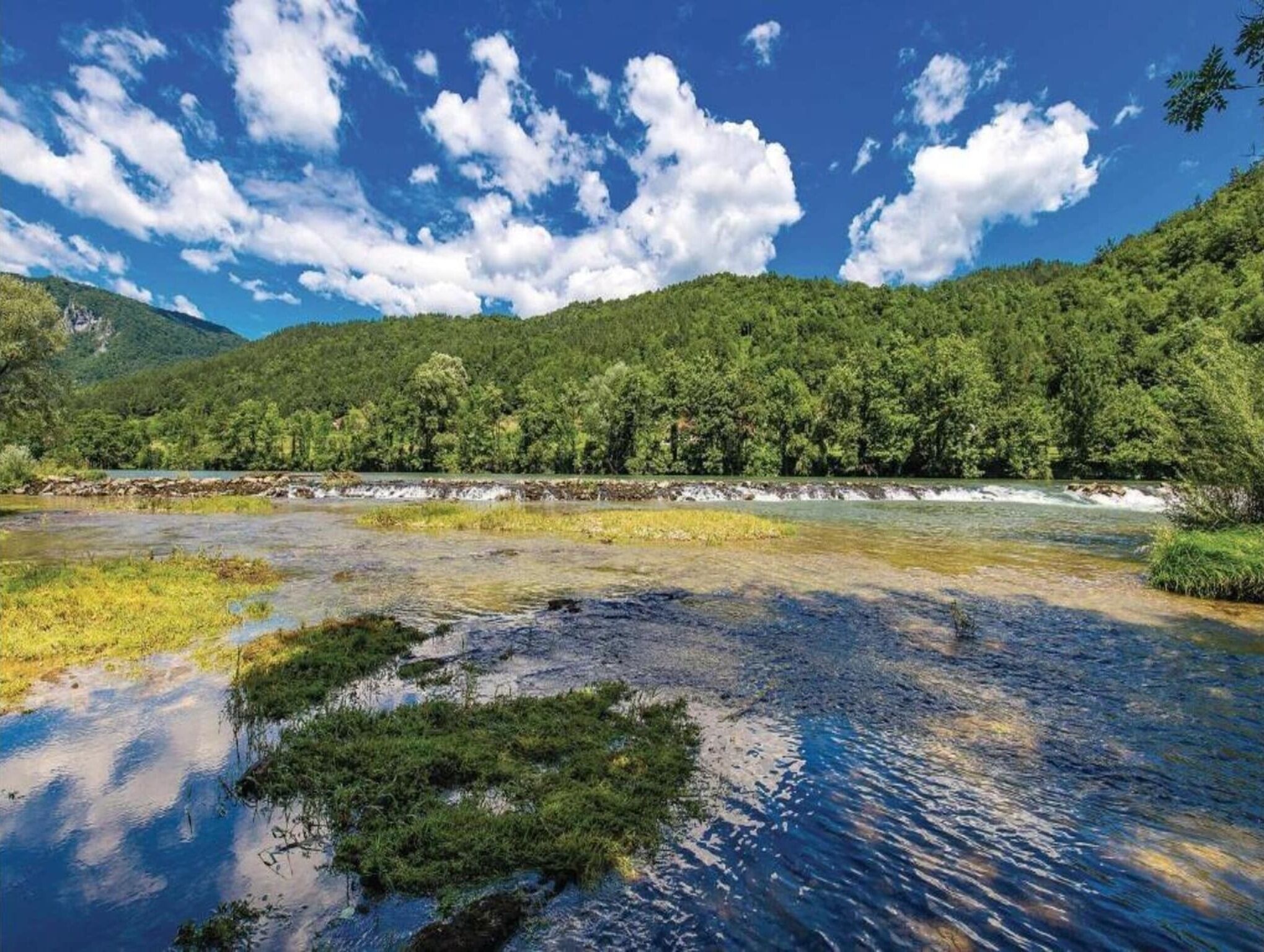 Une rivière aux eaux claires, bordée d’une forêt verdoyante et de collines.