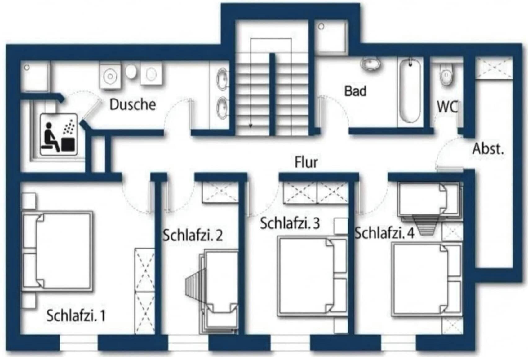 Plano de planta de un hotel que muestra varias habitaciones, un baño, una cocina y una sala de estar.