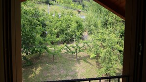 A view from a balcony with a wooden ceiling and a metal railing, overlooking a lush green landscape with trees and a small building in the distance.