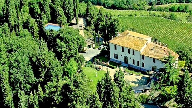A large estate with a main building surrounded by lush greenery and vineyards.