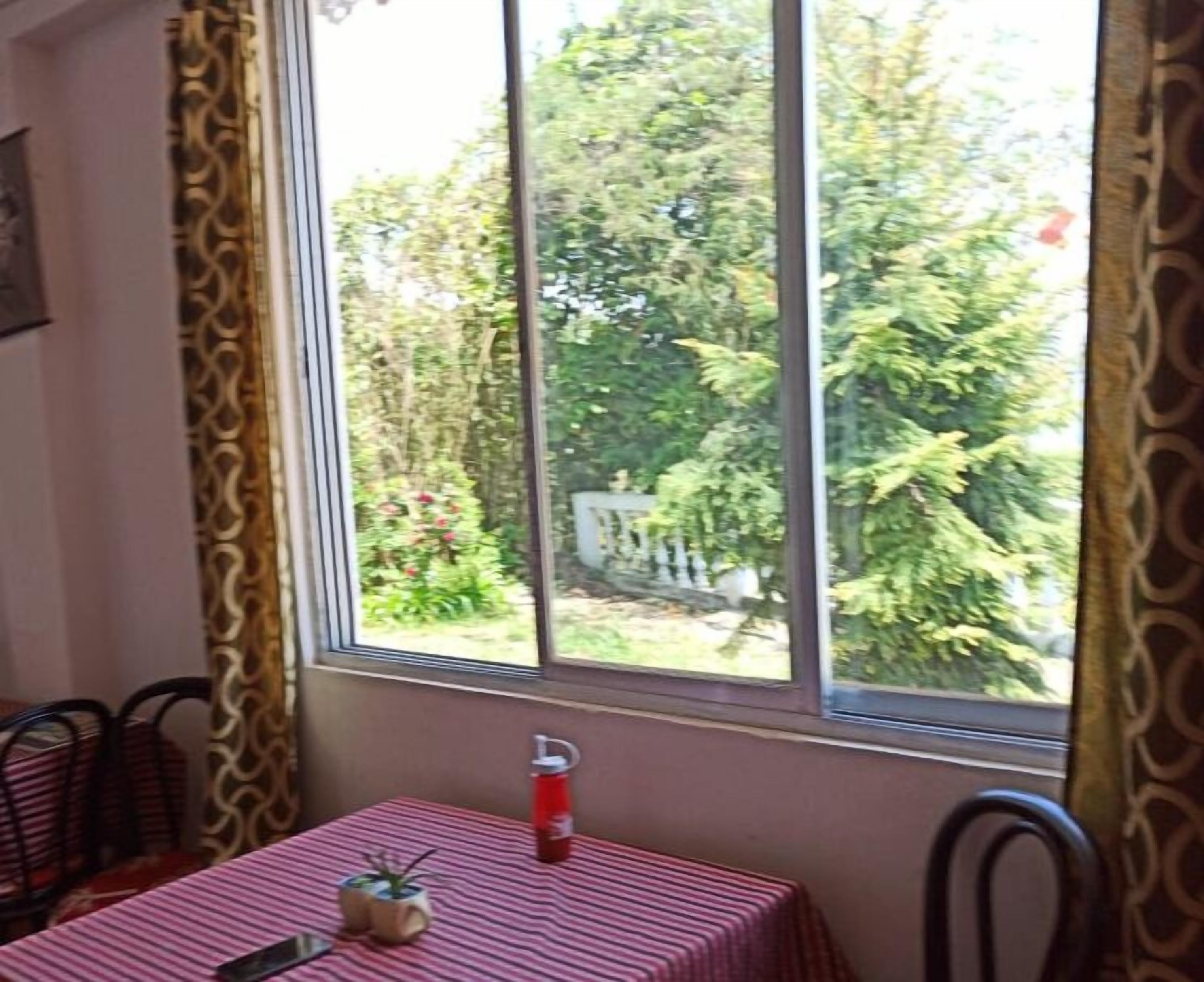 A room with a table covered by a striped tablecloth, a red water bottle, and a small potted plant.