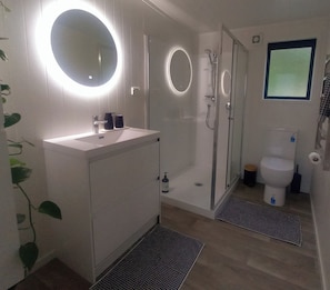 Shower, towels, soap, toilet paper
