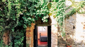 Un arco de piedra rústico que da paso a un dormitorio con cama y planta en maceta.