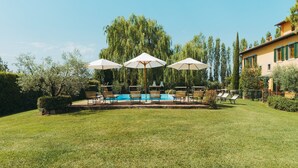 Un área de piscina con sillones de descanso y sombrillas, rodeada de vegetación y árboles.