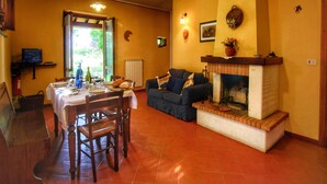 A living room with a fireplace, a dining area with chairs and a table, and a sofa.