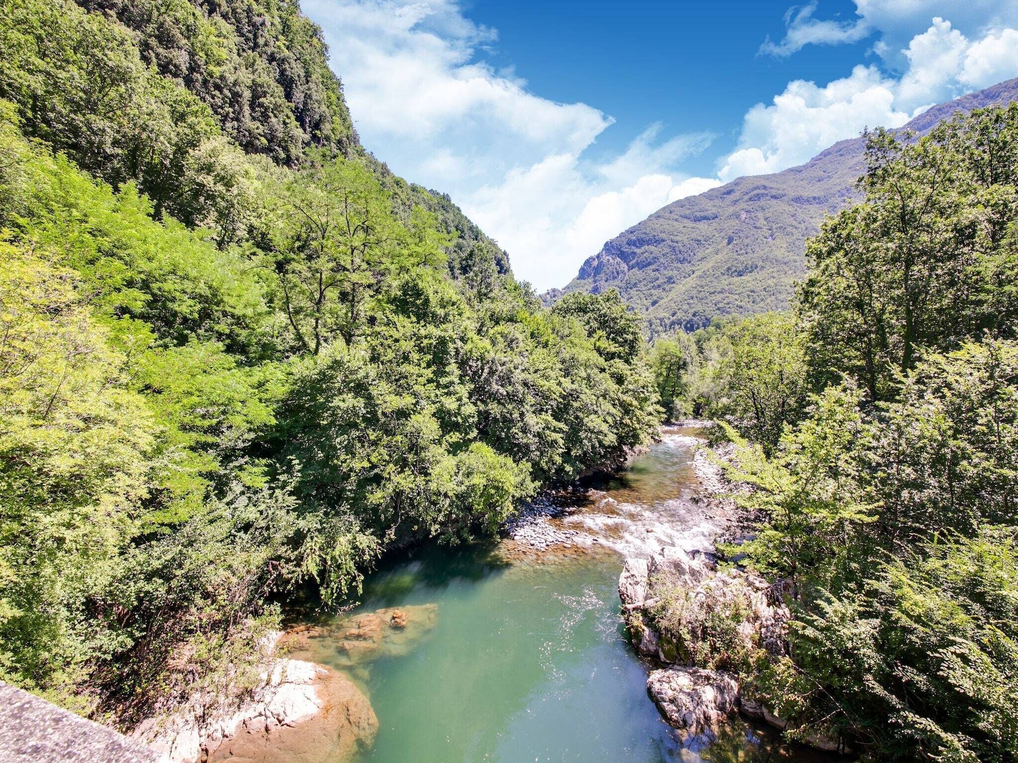 Une rivière qui traverse une vallée, bordée de chaque côté d’une végétation luxuriante et verdoyante.