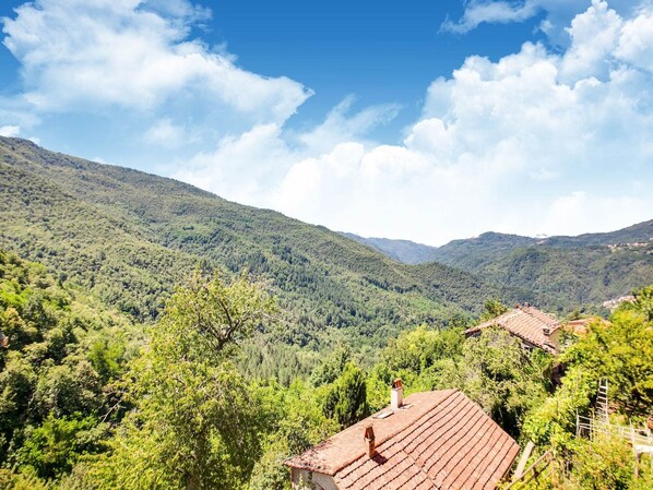 A rural landscape with a house featuring a red-tiled roof, surrounded by lush greenery and hills in the background.