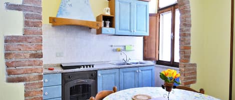 Fridge, oven, stovetop, dining tables