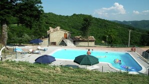 A swimming pool with lounge chairs and umbrellas, surrounded by lush greenery and a stone building. - Farmhouse in Marche with Pool and Views (Mercatello sul Metauro)