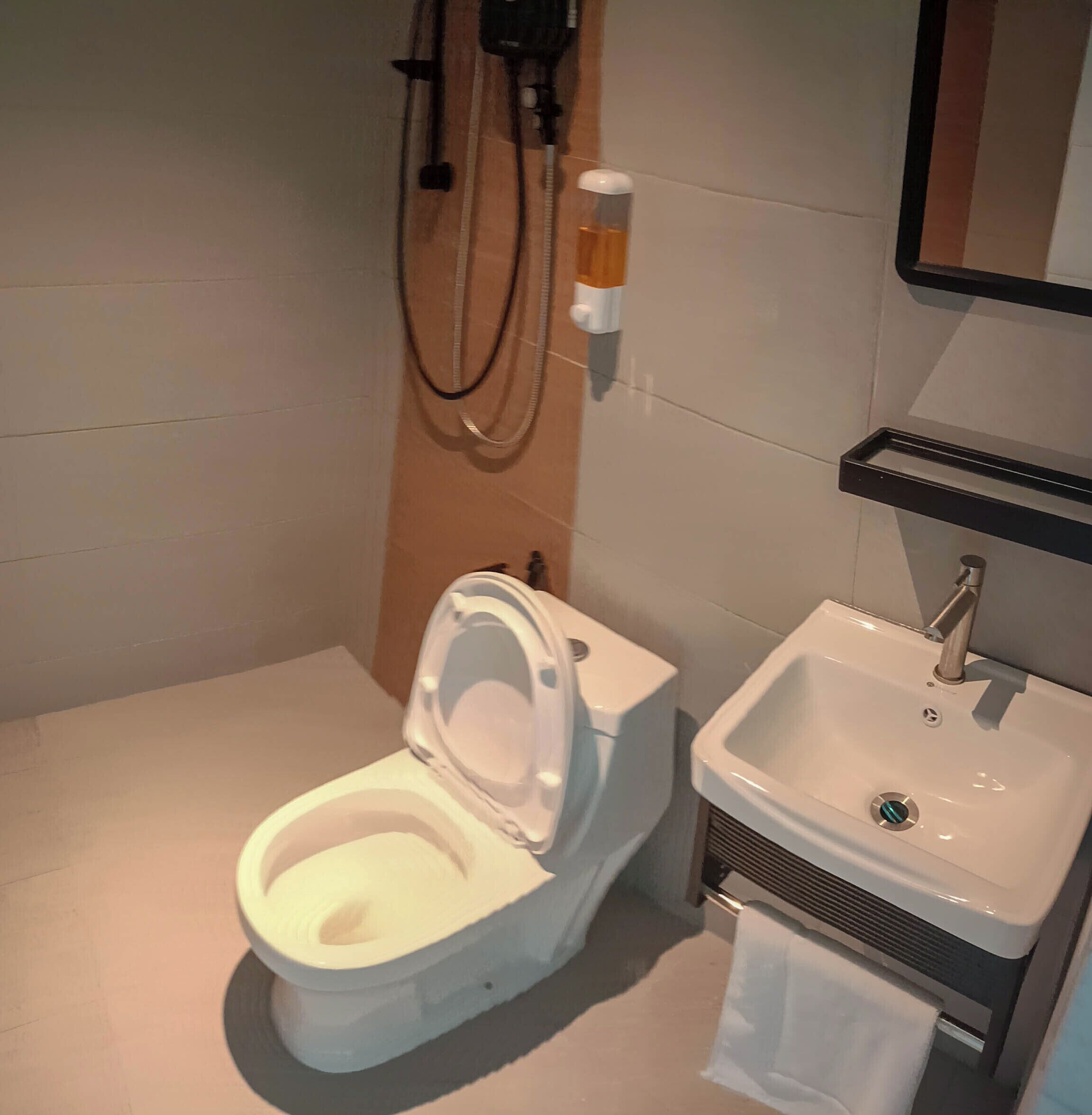 Ein modernes Badezimmer mit Toilette, Waschbecken und Dusche.