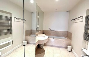 Shower, hair dryer, soap, toilet paper
