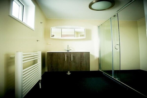 Un baño con radiador blanco, lavamanos con espejo superior y cabina de ducha de vidrio.