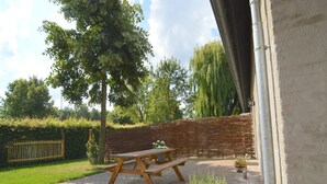 Une terrasse extérieure avec une table de pique-nique en bois et un pot en osier contenant une plante.