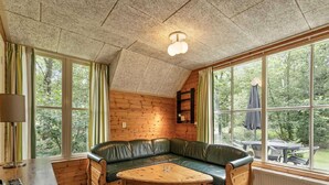 Een gezellig, chalet-achtig ingerichte kamer met een groene leren bank, een houten tafel en grote ramen met uitzicht op de natuur.