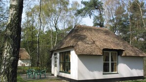 Een klein, gelijkvloers huis met rieten dak, omringd door bomen en een gazon met een tafel en stoelen.