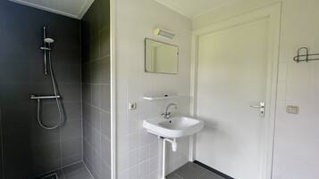 A bathroom with a shower, sink, and mirror.