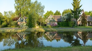 A tranquil lakeside setting with a row of traditional houses, each featuring a distinct architectural style, surrounded by lush greenery and a calm water body reflecting the scenery. - Spacious Villa in a National Park (Paasloo)