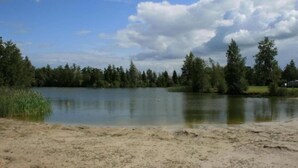 Un lago con orilla arenosa, rodeado de árboles y un cielo parcialmente nublado.