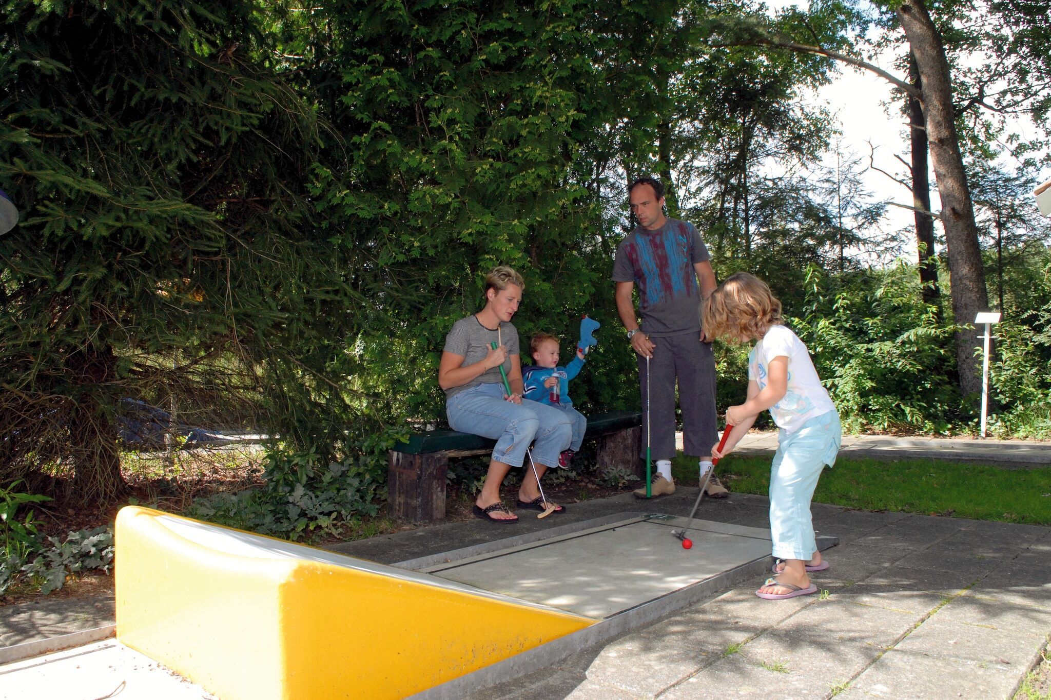 Un petit espace clos où l’on peut jouer au shuffleboard, délimité par une ligne jaune et entouré de verdure.