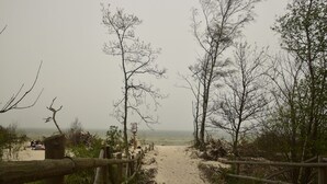 A sandy path leading to a beach with a wooden fence on one side and leafless trees on the other. - Seaside Villa with Sauna (Karwieńskie Błoto Drugie)