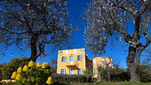 Un bâtiment à deux étages, doté d’une façade jaune et de volets bleus, entouré d’arbres et d’un mur de pierre.