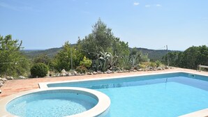 Une piscine rectangulaire avec un jacuzzi, entourée d’une terrasse en briques et d’un jardin aménagé avec différentes plantes, offrant une vue sur des collines en arrière-plan.