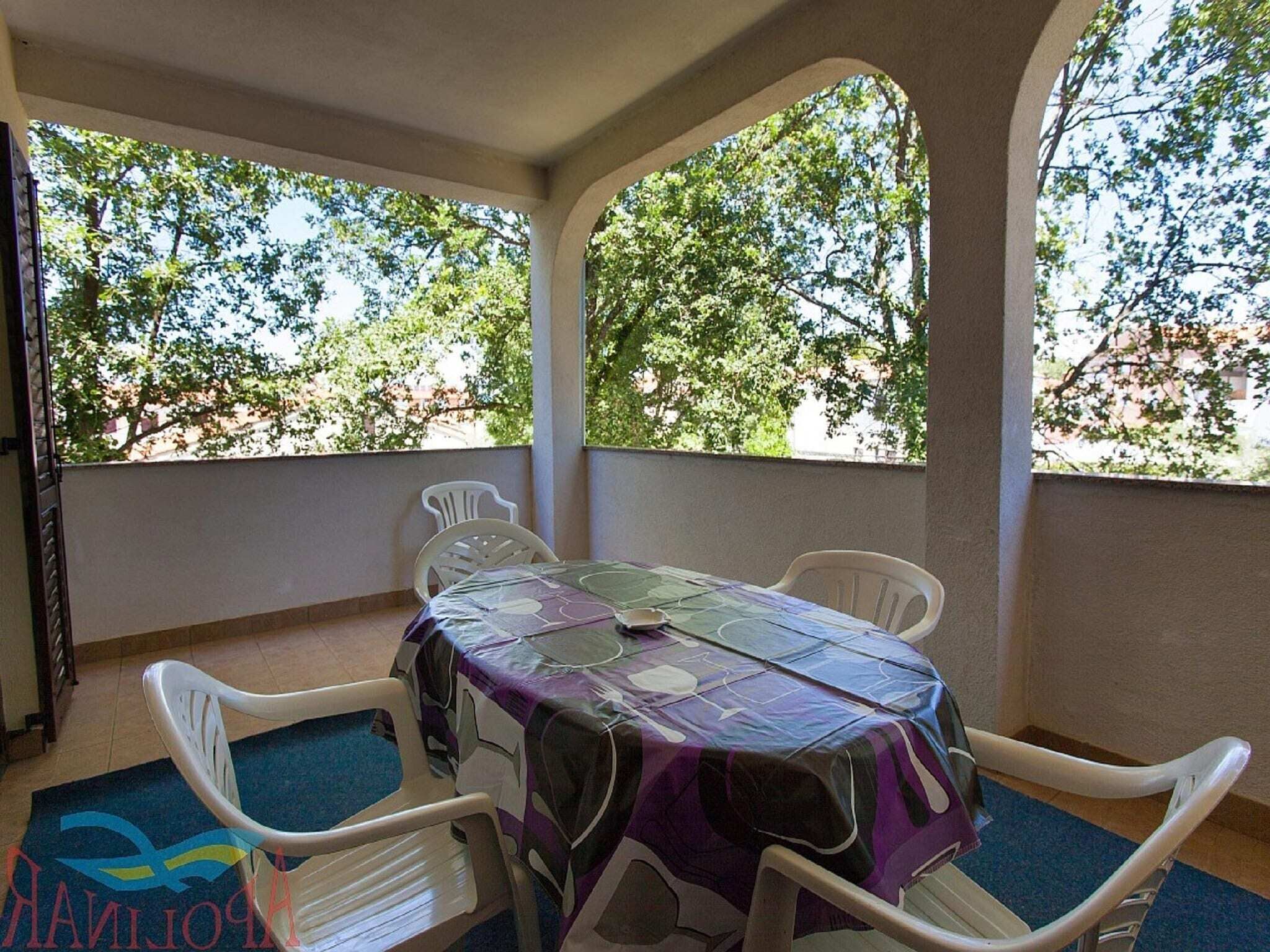 Un espacio comedor al aire libre con techo, una mesa y sillas, ventanas amplias con vistas a árboles, y una alfombra azul.