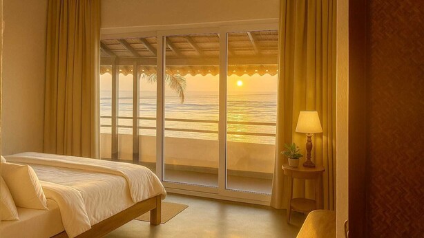Un dormitorio con cama, mesita de noche con lámpara y vista al océano al atardecer.