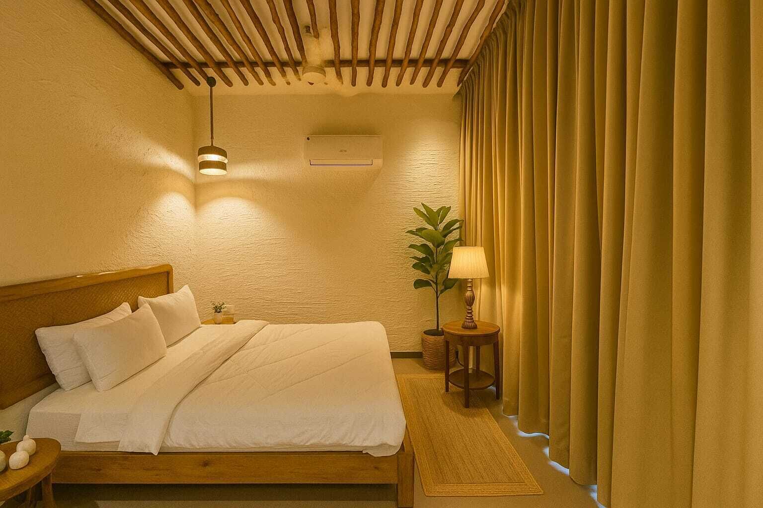 A hotel room with a wooden bed, a small bedside table with a lamp, a potted plant, and a window with curtains.