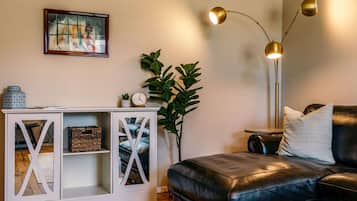 Télévision, cheminée, espaces bureaux, écrans d'ordinateur