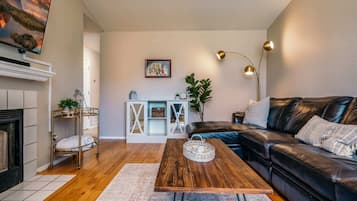 Télévision, cheminée, espaces bureaux, écrans d'ordinateur