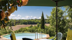 Un espace piscine offrant une vue sur un paysage boisé.