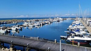 A marina with multiple boats docked at wooden piers.